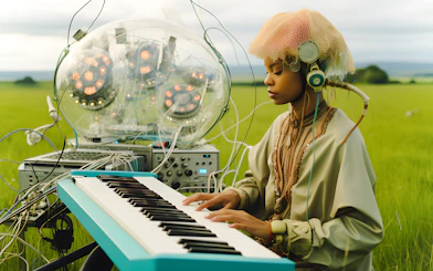 Woman playing keyboard in grassy field beside glowing dome structure.