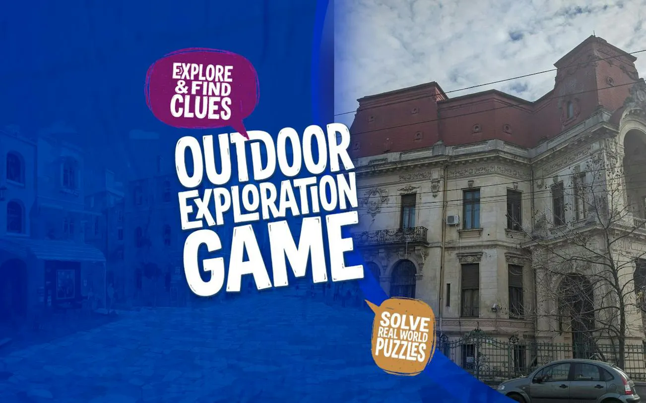 Outdoor exploration game poster with historic Bucharest building.