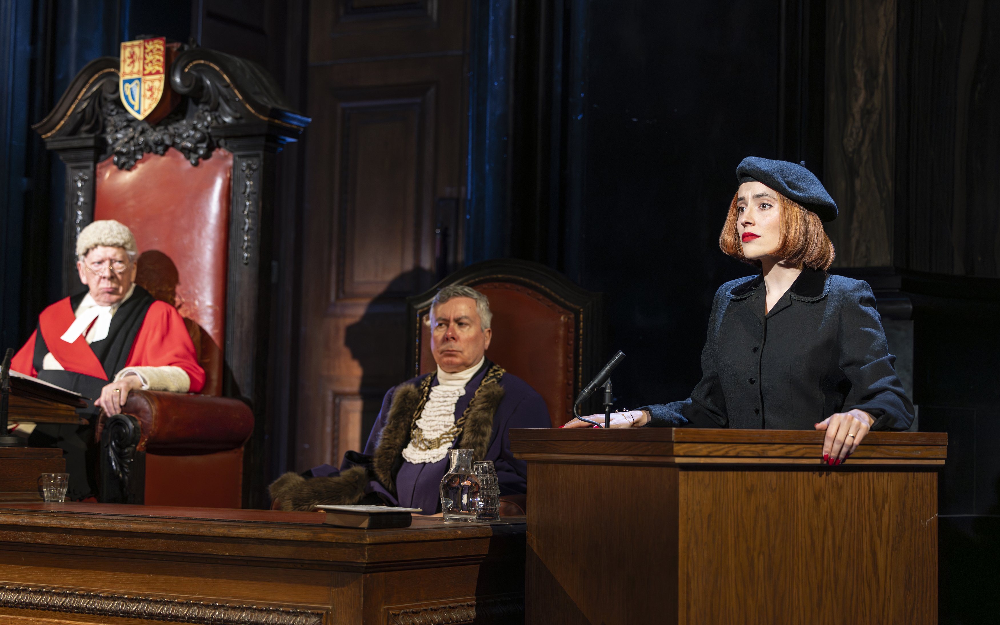 Courtroom scene from "Witness for the Prosecution" with actors in period costumes.