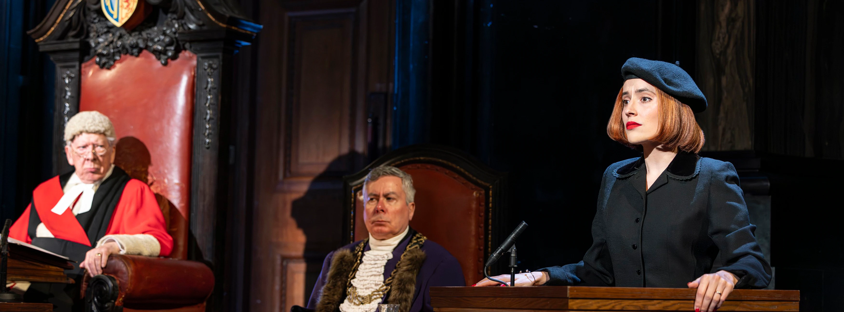 Courtroom scene from "Witness for the Prosecution" with actors in period costumes.