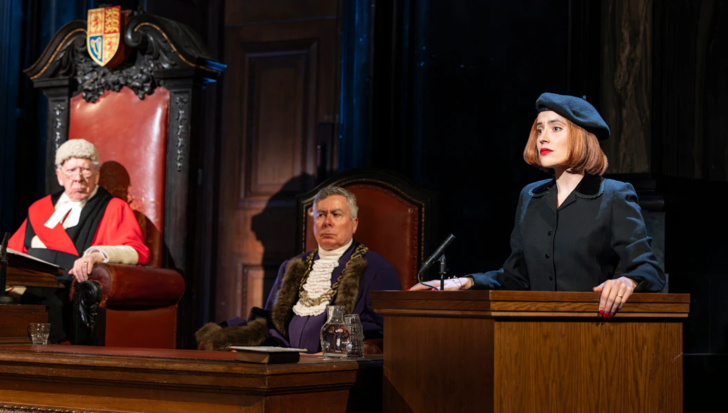 Courtroom scene from "Witness for the Prosecution" with actors in period costumes.