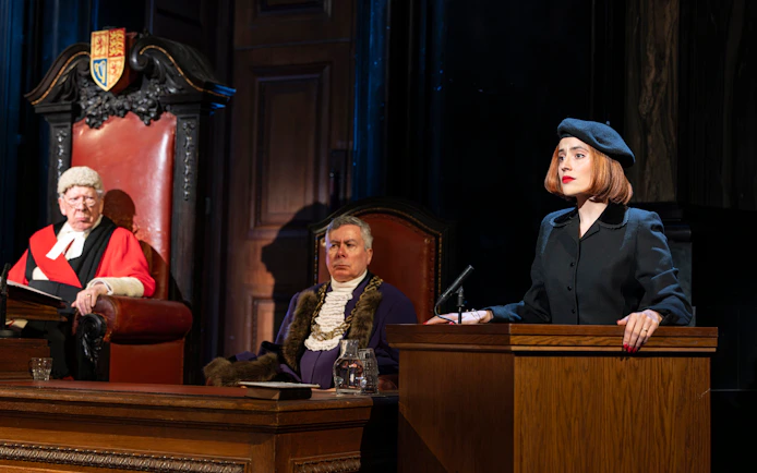 Courtroom scene from "Witness for the Prosecution" with actors in period costumes.
