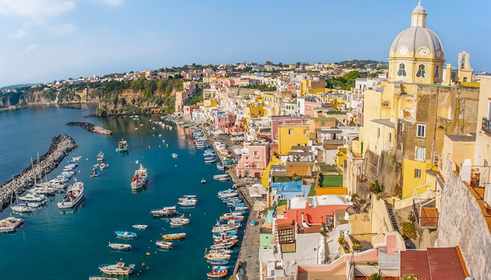 Marina Corricella in sunny summer weather at Procida island