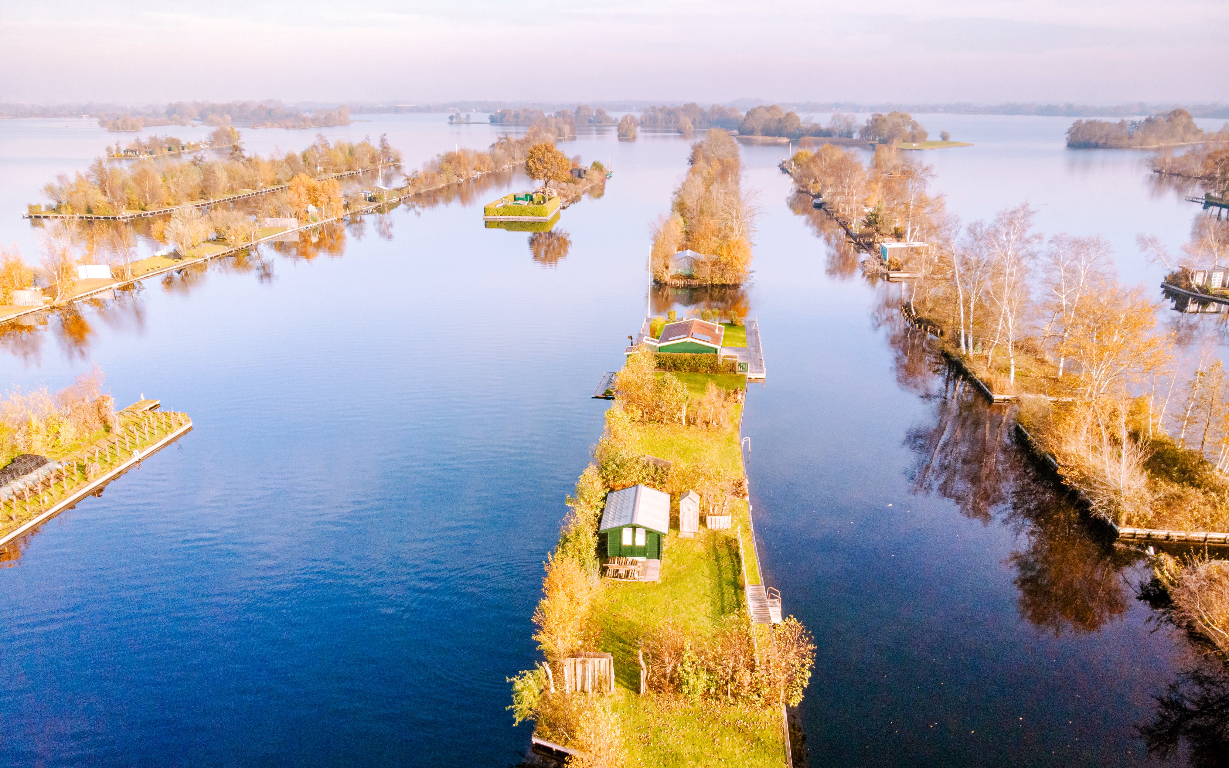Aerial view of Delta Works canals and islands in Holland.