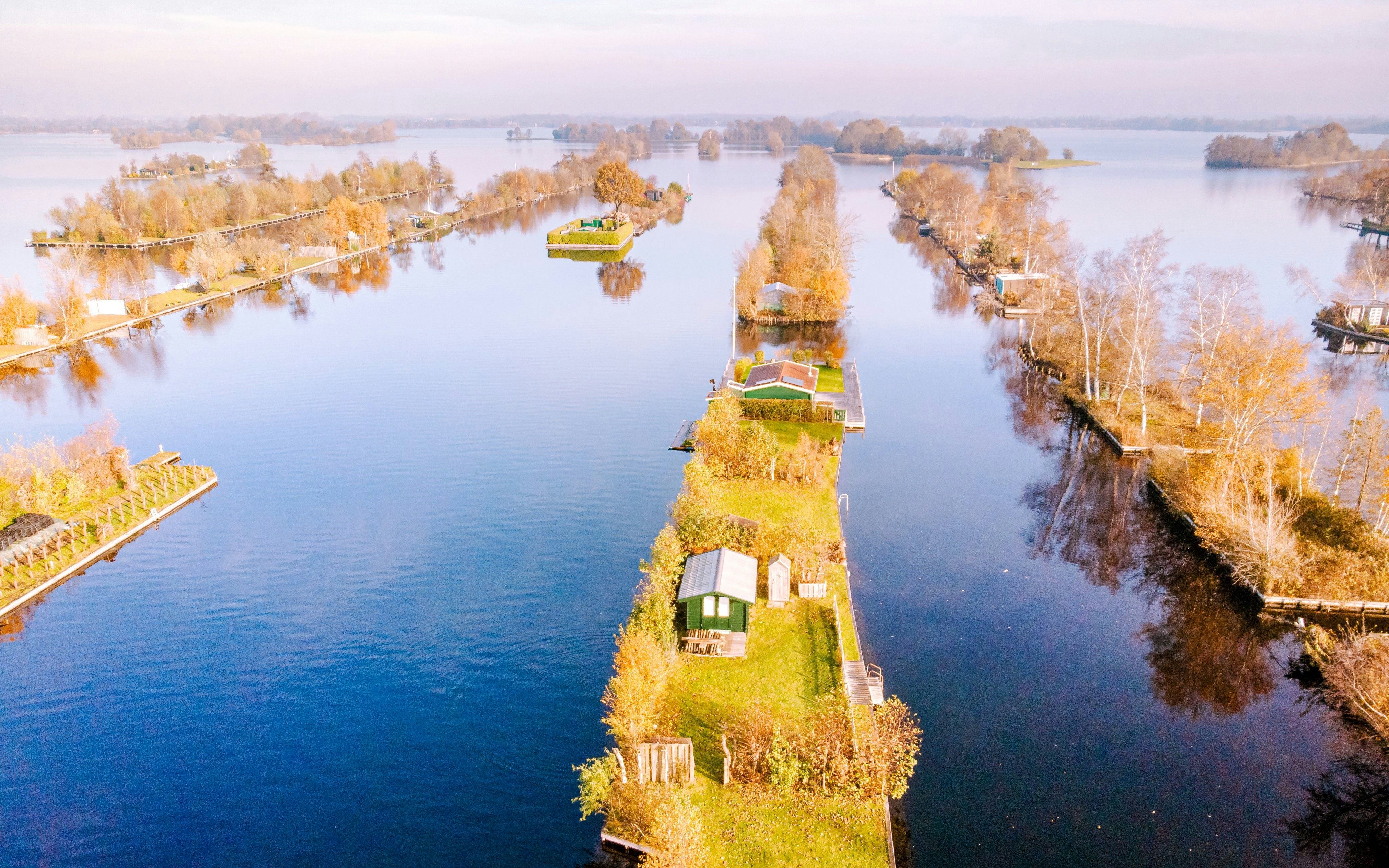 Aerial view of Delta Works canals and islands in Holland.