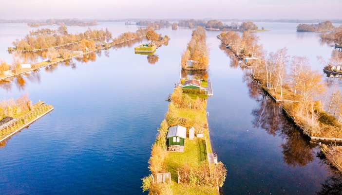 Aerial view of Delta Works canals and islands in Holland.