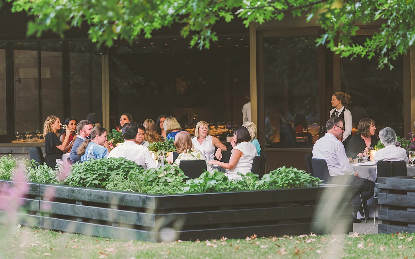 Outdoor dining at NGV garden restaurant with guests seated at tables.