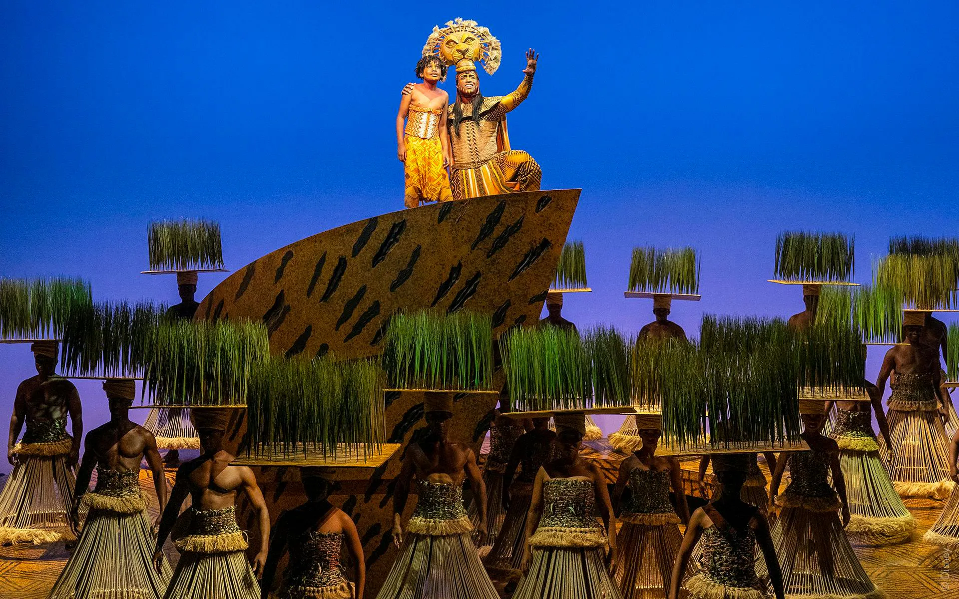 Performers in "The Lion King" musical on stage with vibrant costumes and set design.