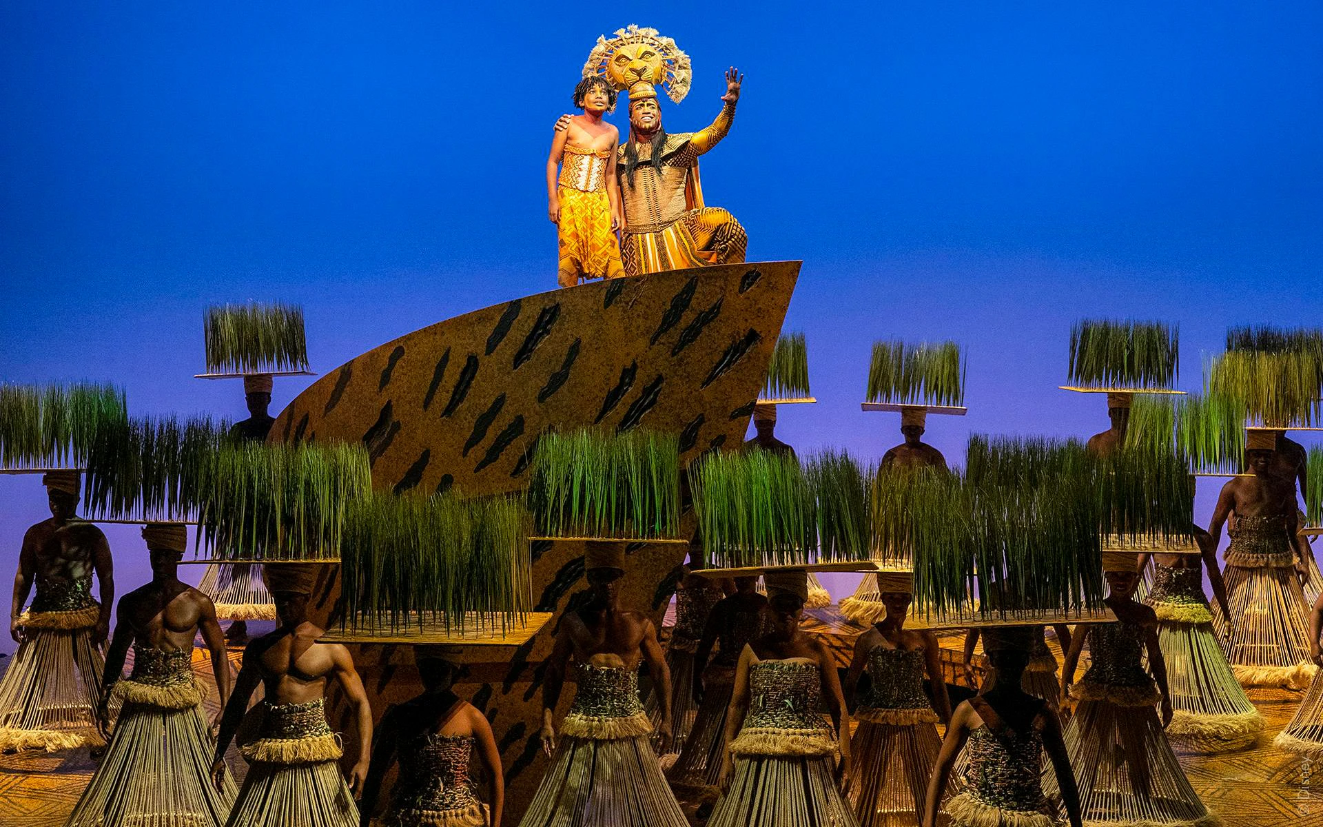 Performers in "The Lion King" musical on stage with vibrant costumes and set design.