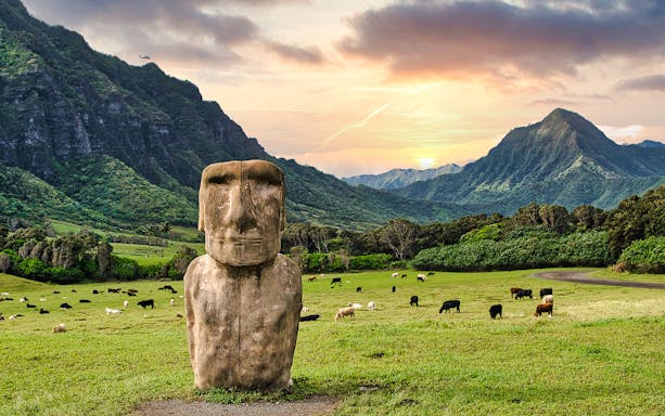 Moai statue with grazing cattle at Kualoa Ranch, Oahu, Hawaii, with lush mountains in the background.