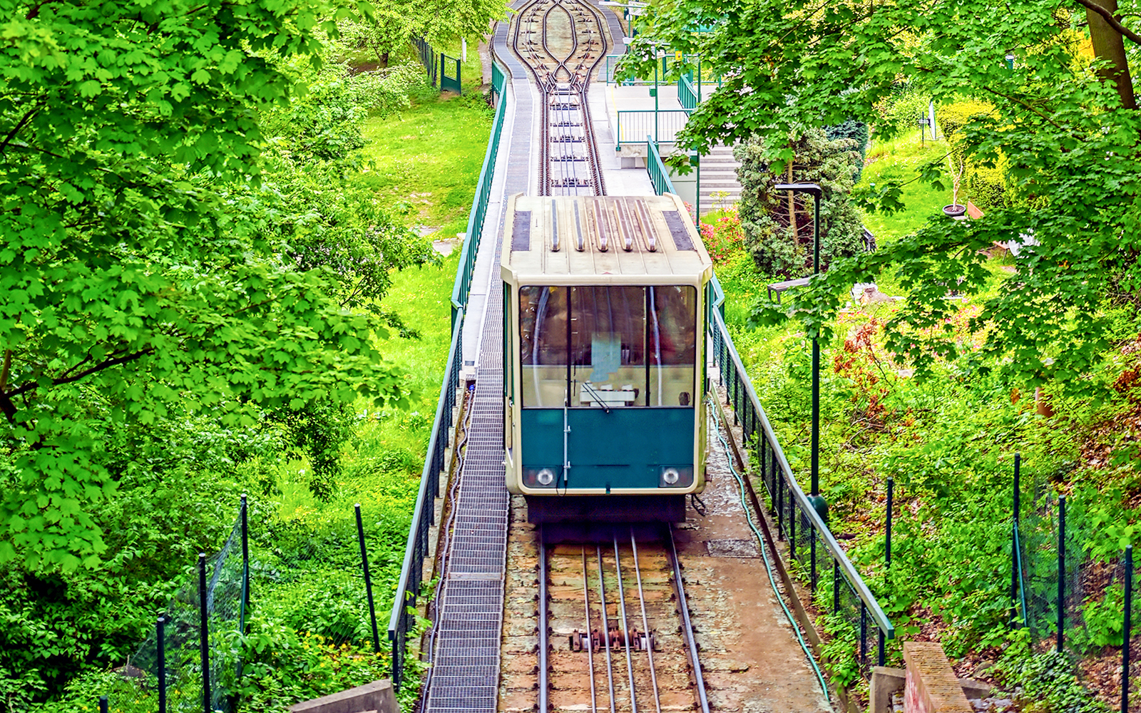 Funicular ascending Petrin Hill in Prague, Czech Republic, surrounded by lush greenery.