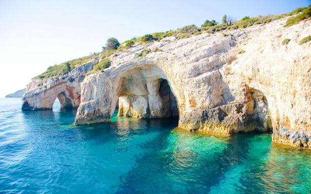 Blue Caves along the coast of Zakynthos, Greece, viewed from the sea during a Zante daily cruise.