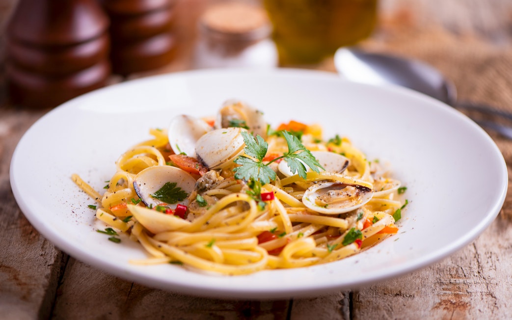 Pasta with clams and herbs, part of Bruny Island lighthouse tour food tasting, Hobart departure.
