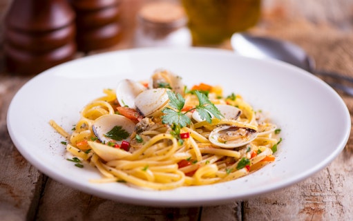 Pasta with clams and herbs, part of Bruny Island lighthouse tour food tasting, Hobart departure.