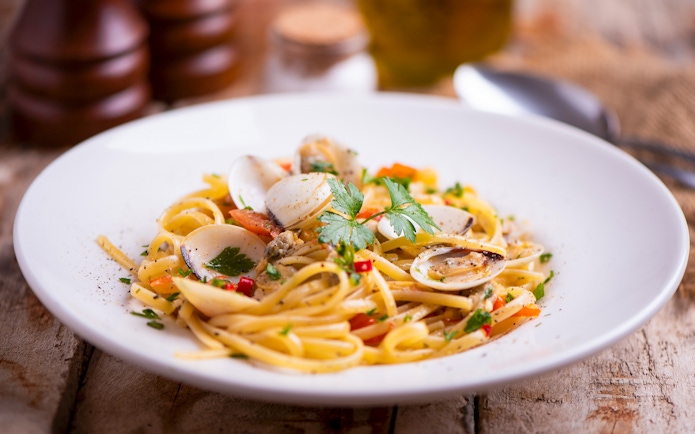 Pasta with clams and herbs, part of Bruny Island lighthouse tour food tasting, Hobart departure.