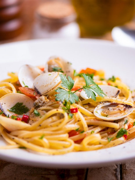 Pasta with clams and herbs, part of Bruny Island lighthouse tour food tasting, Hobart departure.