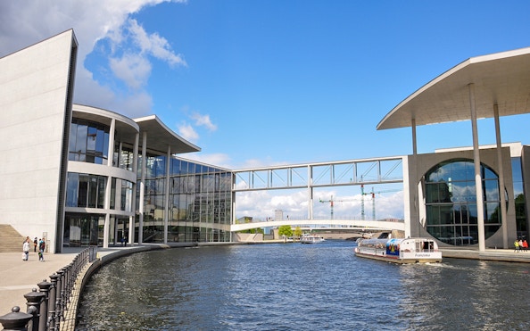 Berlin Regierungsviertel view from river during sightseeing cruise.