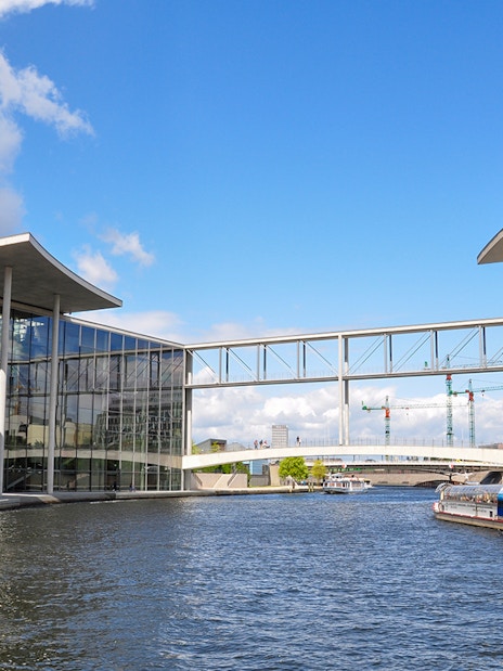 Berlin Regierungsviertel view from river during sightseeing cruise.