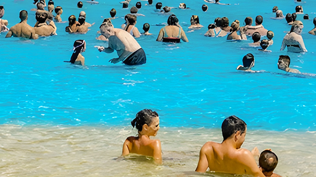 Visitors enjoying the wave pool at Aquopolis Cullera water park, Spain, with a hillside chapel in the background.
