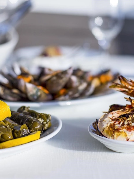 Santorini catamaran cruise meal with grilled prawns, dolmades, and clams.