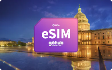 US Capitol Building at sunset with eSIM card overlay, Washington DC, USA.