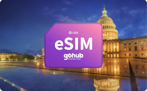 US Capitol Building at sunset with eSIM card overlay, Washington DC, USA.