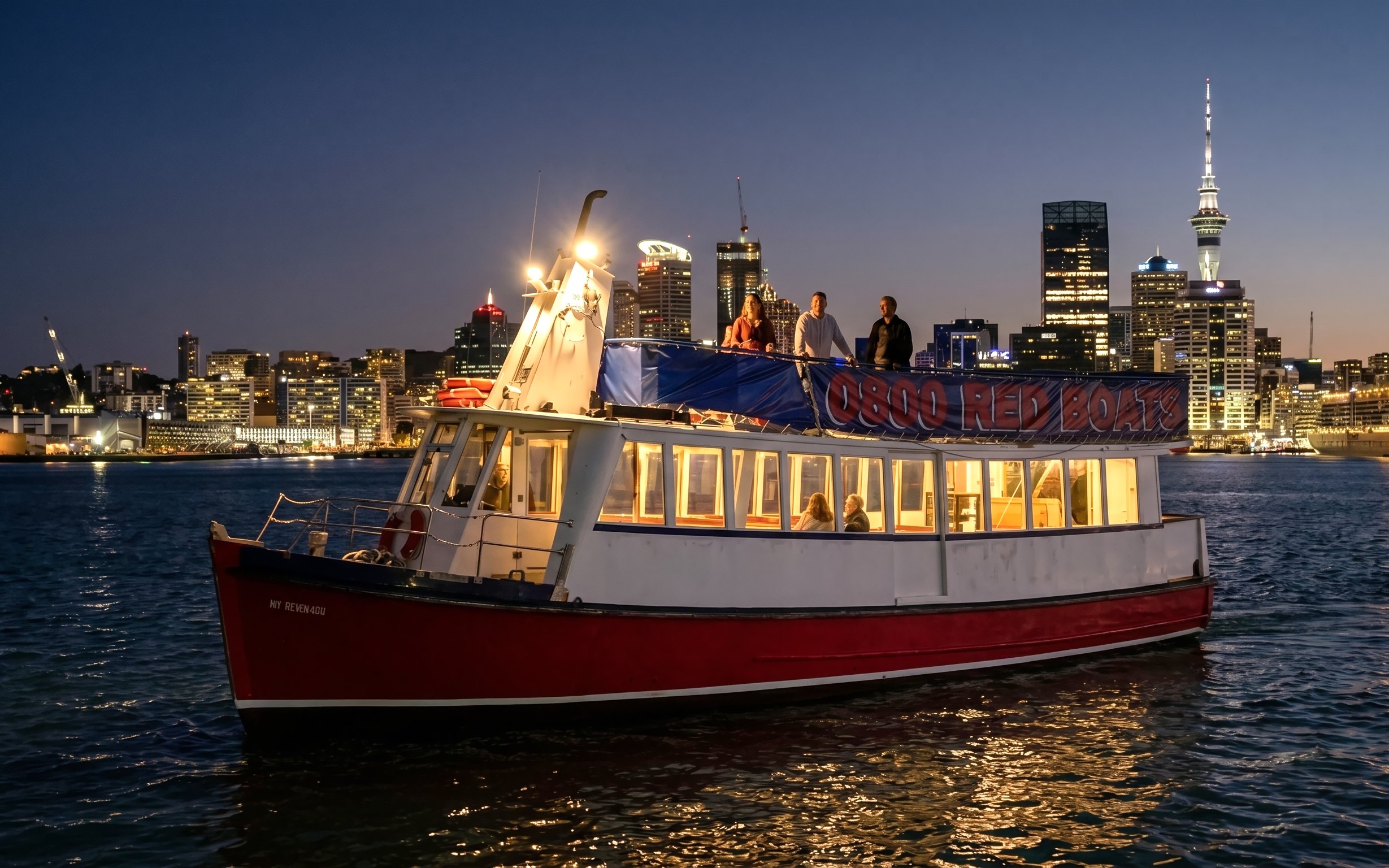 Auckland harbour cruise boat at night with city skyline in background.