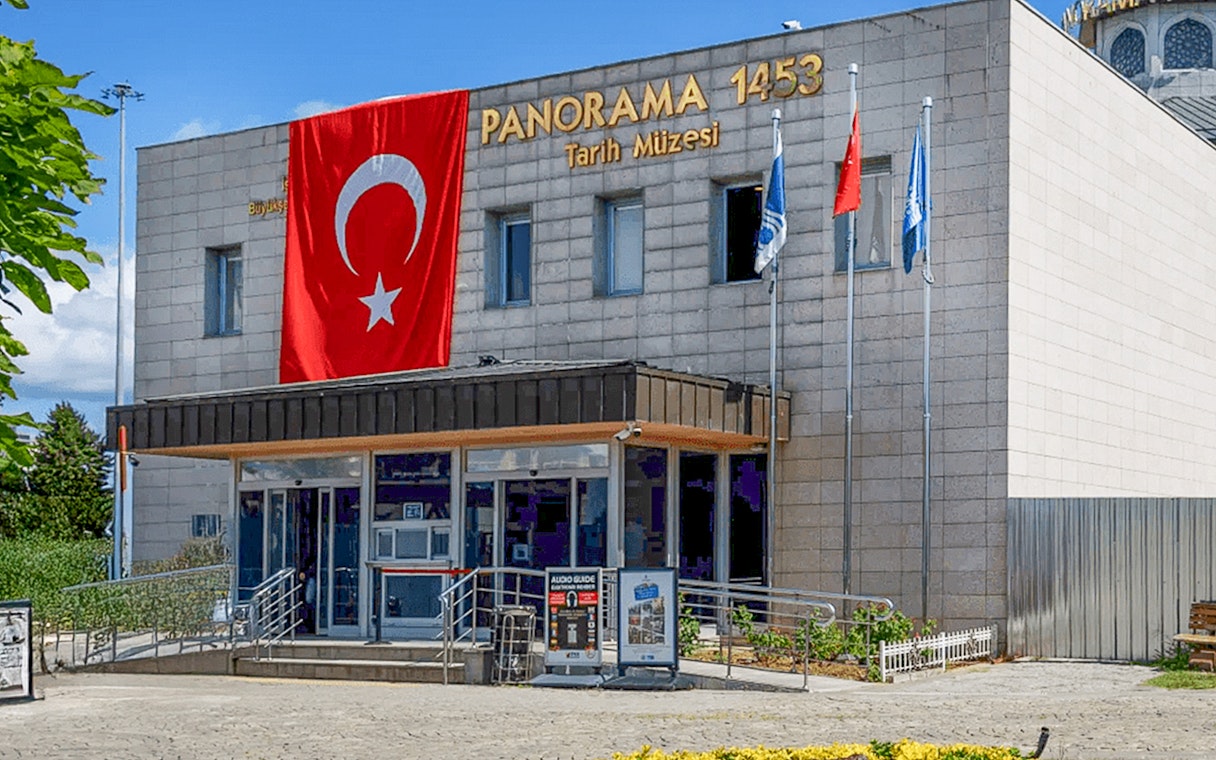 Istanbul Panorama 1453 History Museum entrance with Turkish flag.