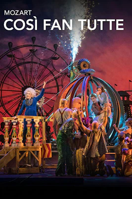 Performance of Mozart's "Così fan tutte" on Broadway with vibrant stage set and actors.