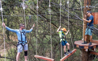 Participants navigating a high-elevation adventure course with safety gear in a forest setting.