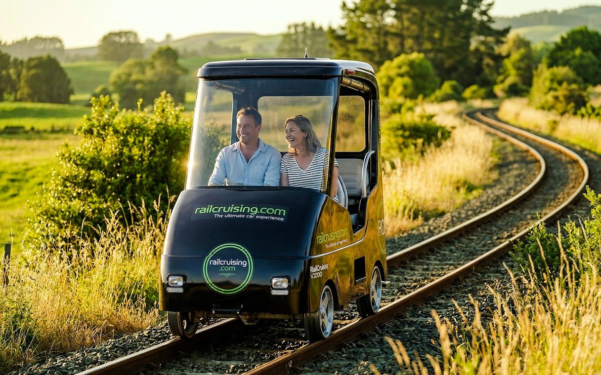 Couple enjoying a self-drive rail car journey on tracks through Ngongotaha countryside.
