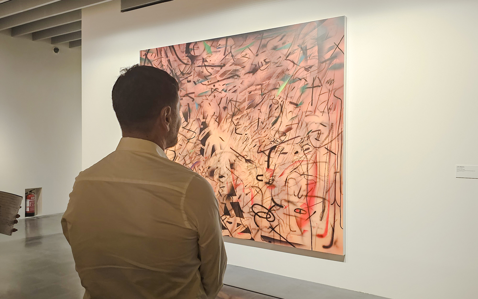 Man viewing abstract painting at Centre Pompidou Malaga exhibition.