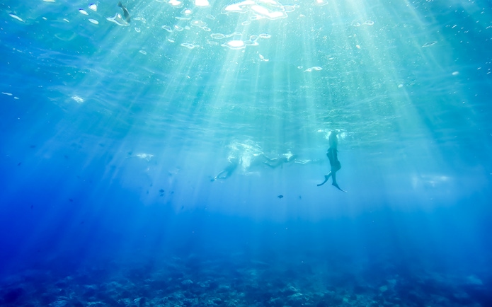 Snorkelers exploring underwater at Molokini Crater, Maui, Hawaii.