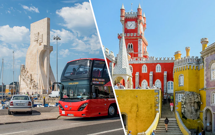 Lisbon bus tour near Monument to the Discoveries and Sintra's Pena Palace.