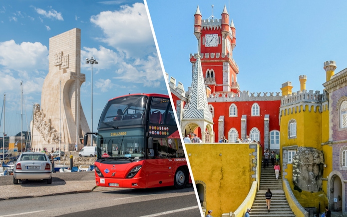 Lisbon bus tour near Monument to the Discoveries and Sintra's Pena Palace.