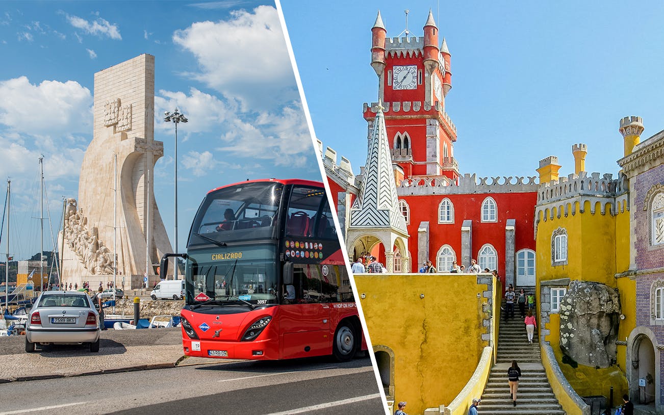 Lisbon bus tour near Monument to the Discoveries and Sintra's Pena Palace.