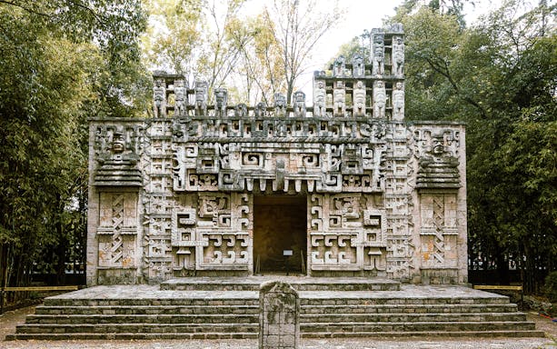Reconstruction of a Maya temple exhibit at the Museum of Anthropology, highlighting ancient architecture.