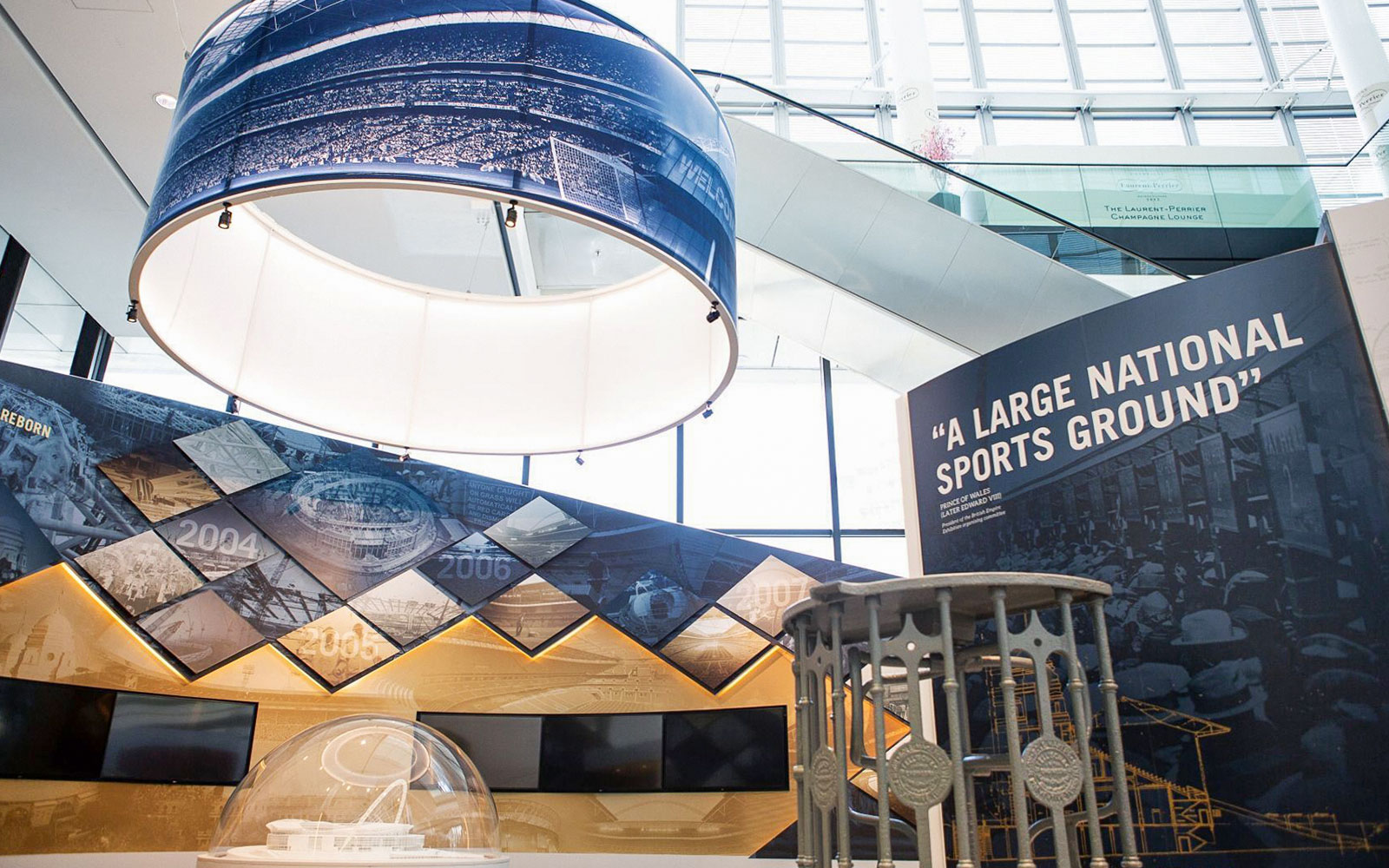 Wembley Stadium interior exhibit with historical timeline and sports memorabilia.