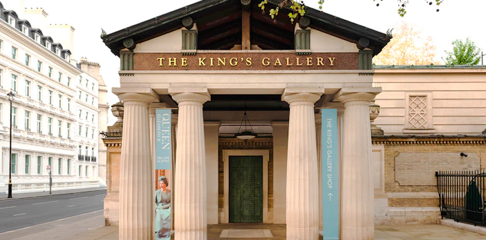 Exteriors of the King's Gallery entrance with columns and signage in London.