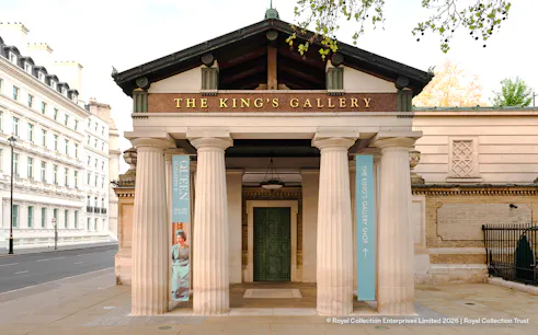 Exteriors of the King's Gallery entrance with columns and signage in London.