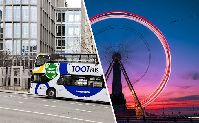 Brussels hop-on hop-off bus and Ferris wheel at sunset.