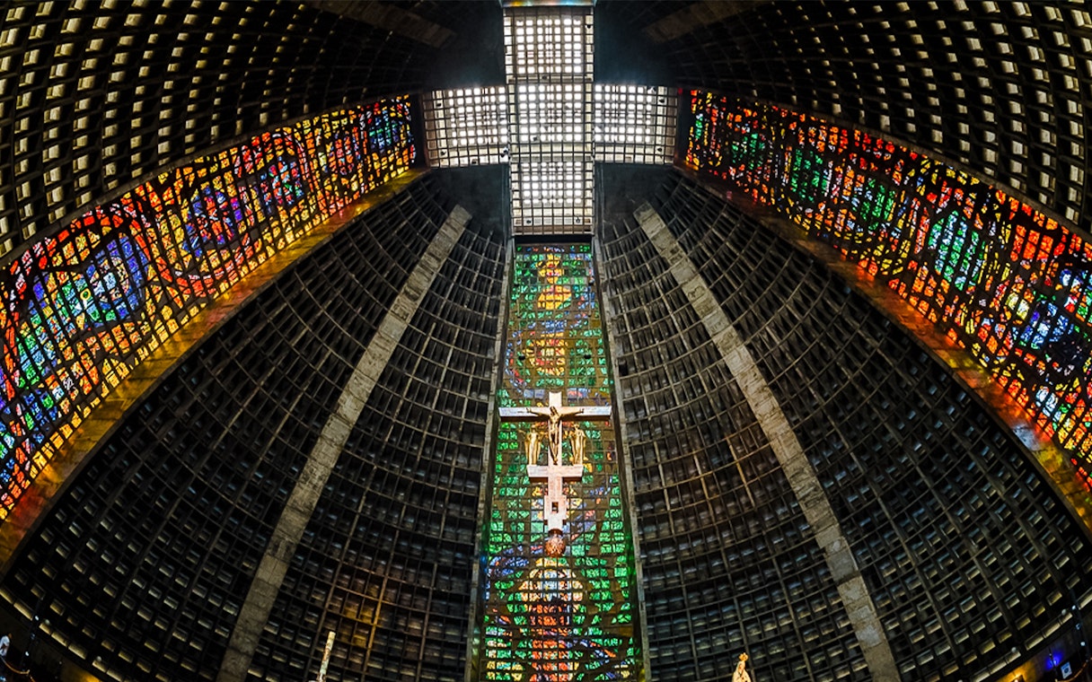 Stained glass windows inside Rio de Janeiro's Metropolitan Cathedral.