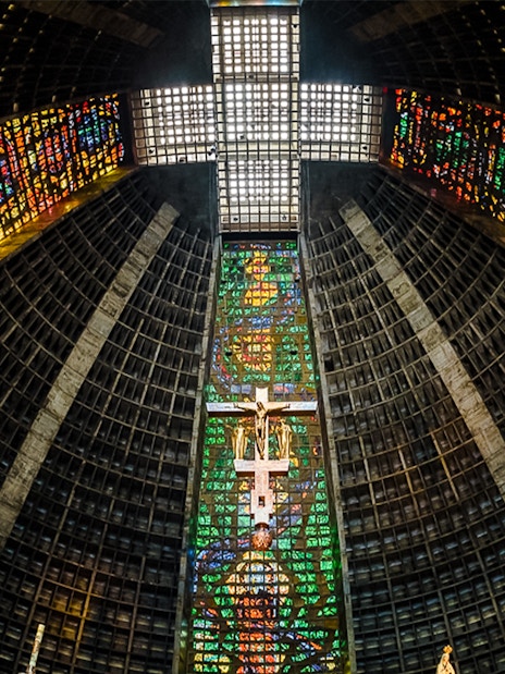 Stained glass windows inside Rio de Janeiro's Metropolitan Cathedral.