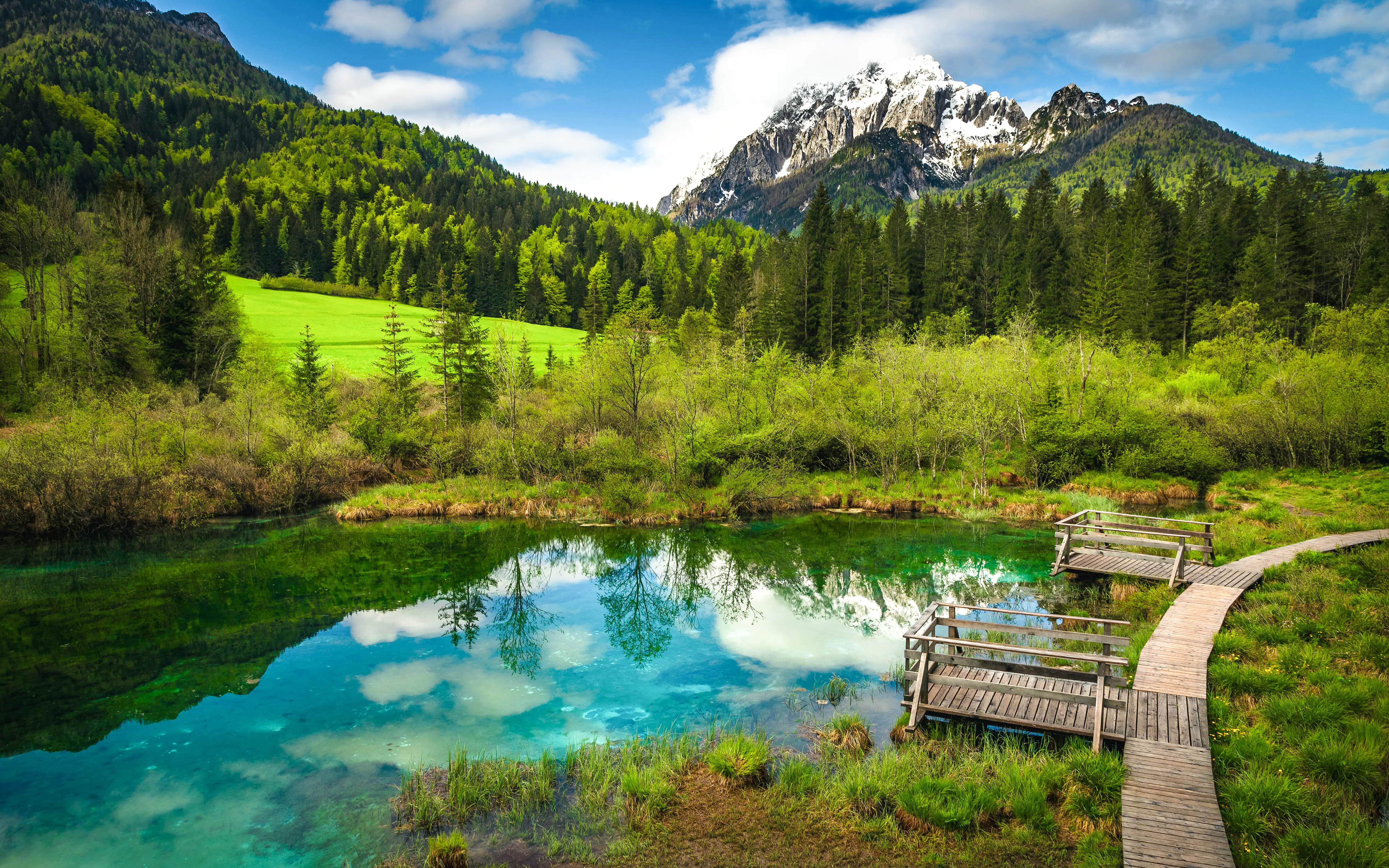 Wooden pathway by Lake Zelenci with mountain view, Kranjska Gora, Slovenia.