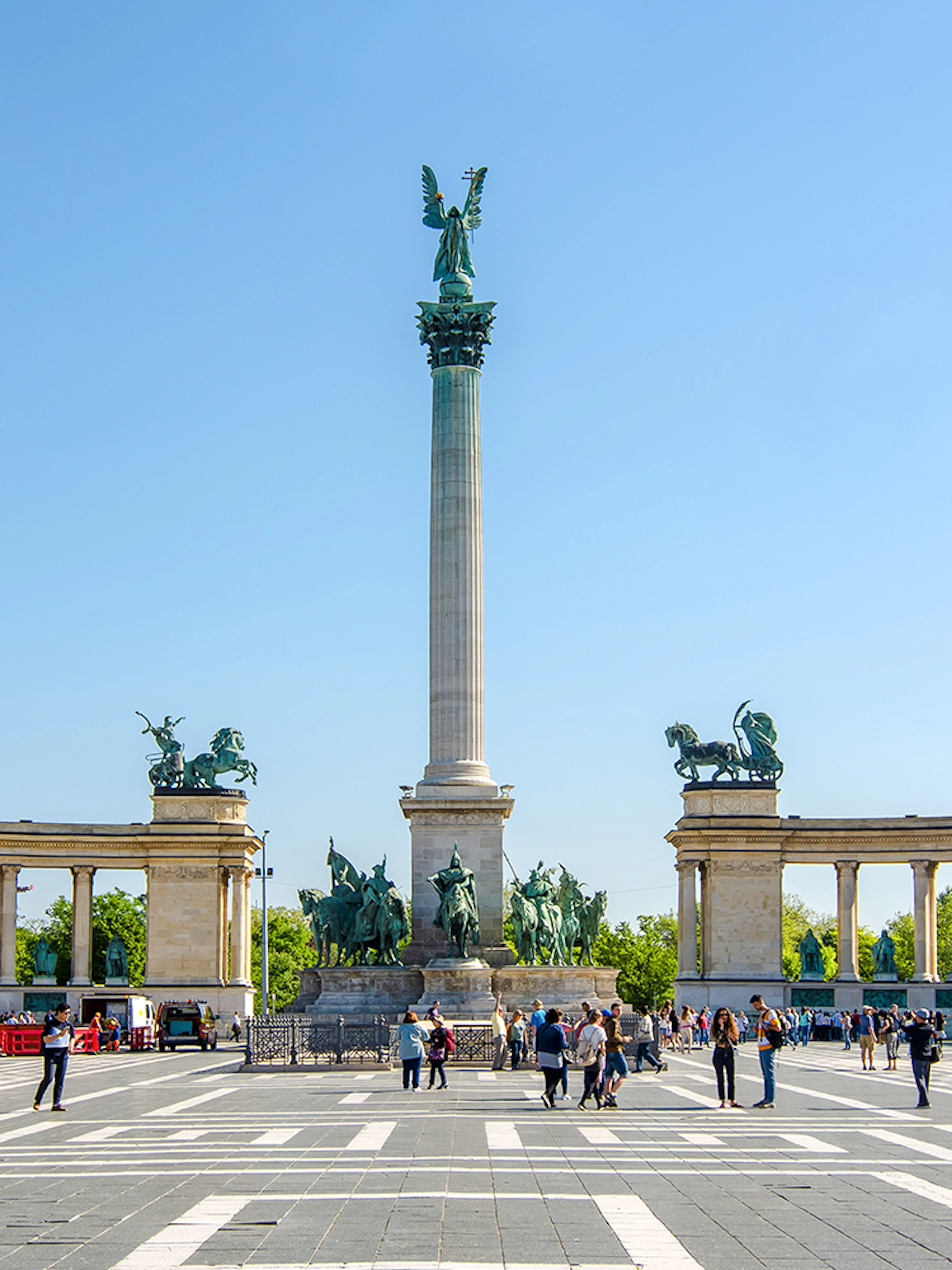 Heroes' Square in Budapest, Hungary with Millennium Monument and statues.