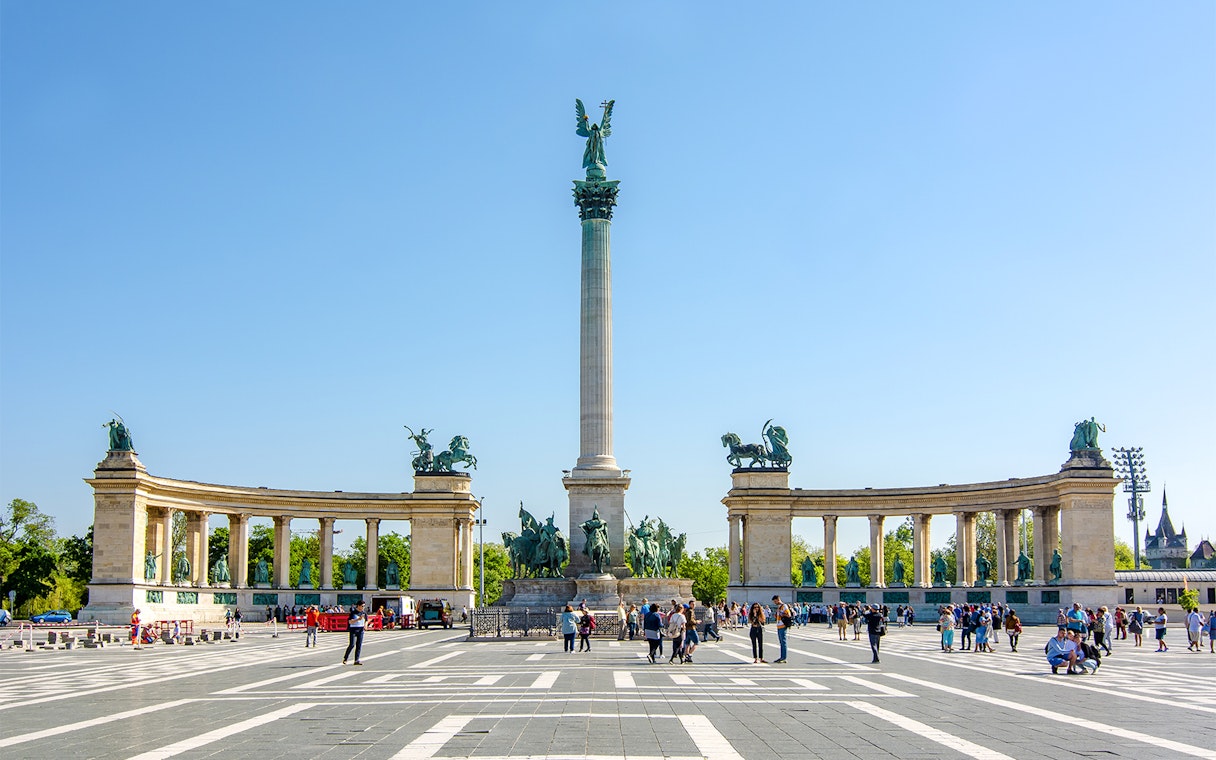 Heroes' Square in Budapest, Hungary with Millennium Monument and statues.