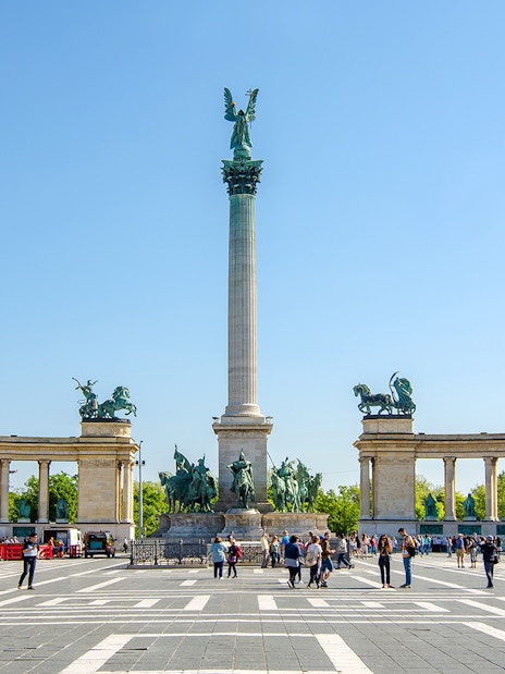 Heroes' Square in Budapest, Hungary with Millennium Monument and statues.