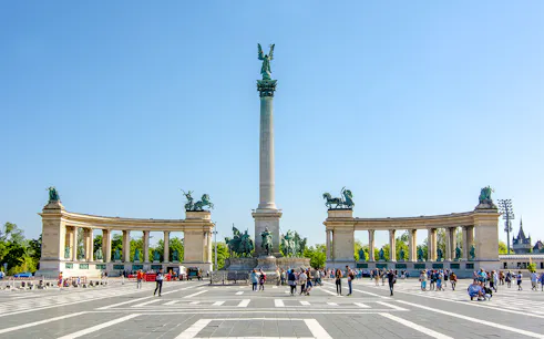 Heroes' Square in Budapest, Hungary with Millennium Monument and statues.