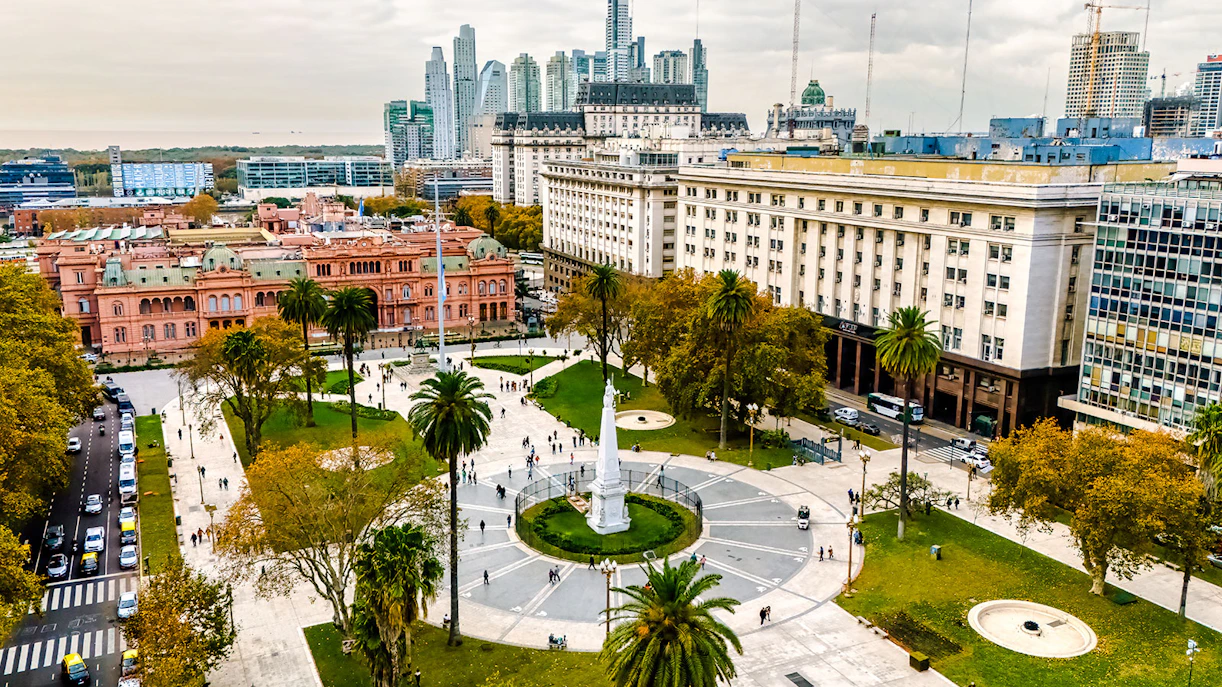 Aerial view of Plaza de Mayo with Casa Rosada in Buenos Aires, Argentina.