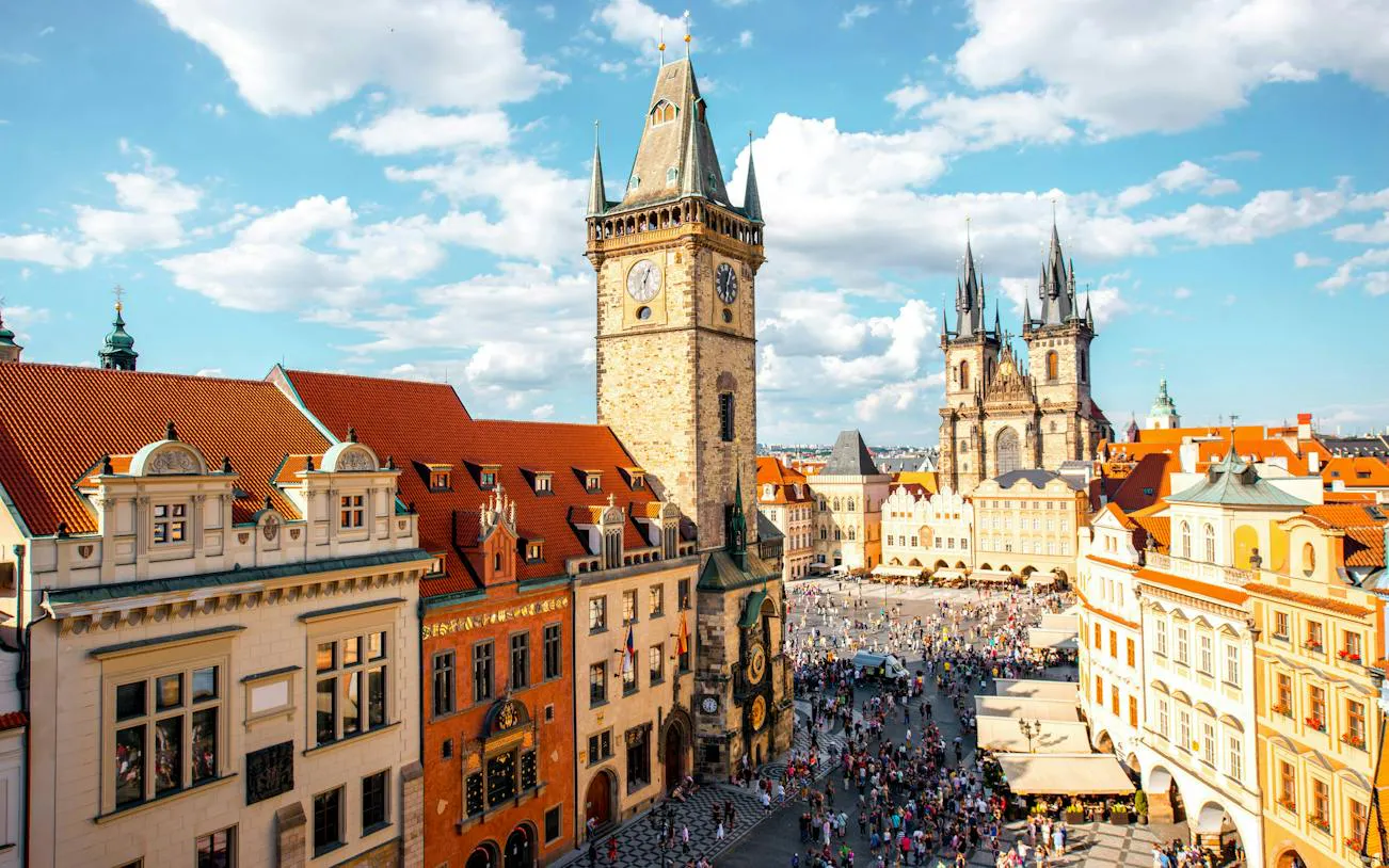 Old Town Square with Astronomical Clock and Tyn Church, Prague.